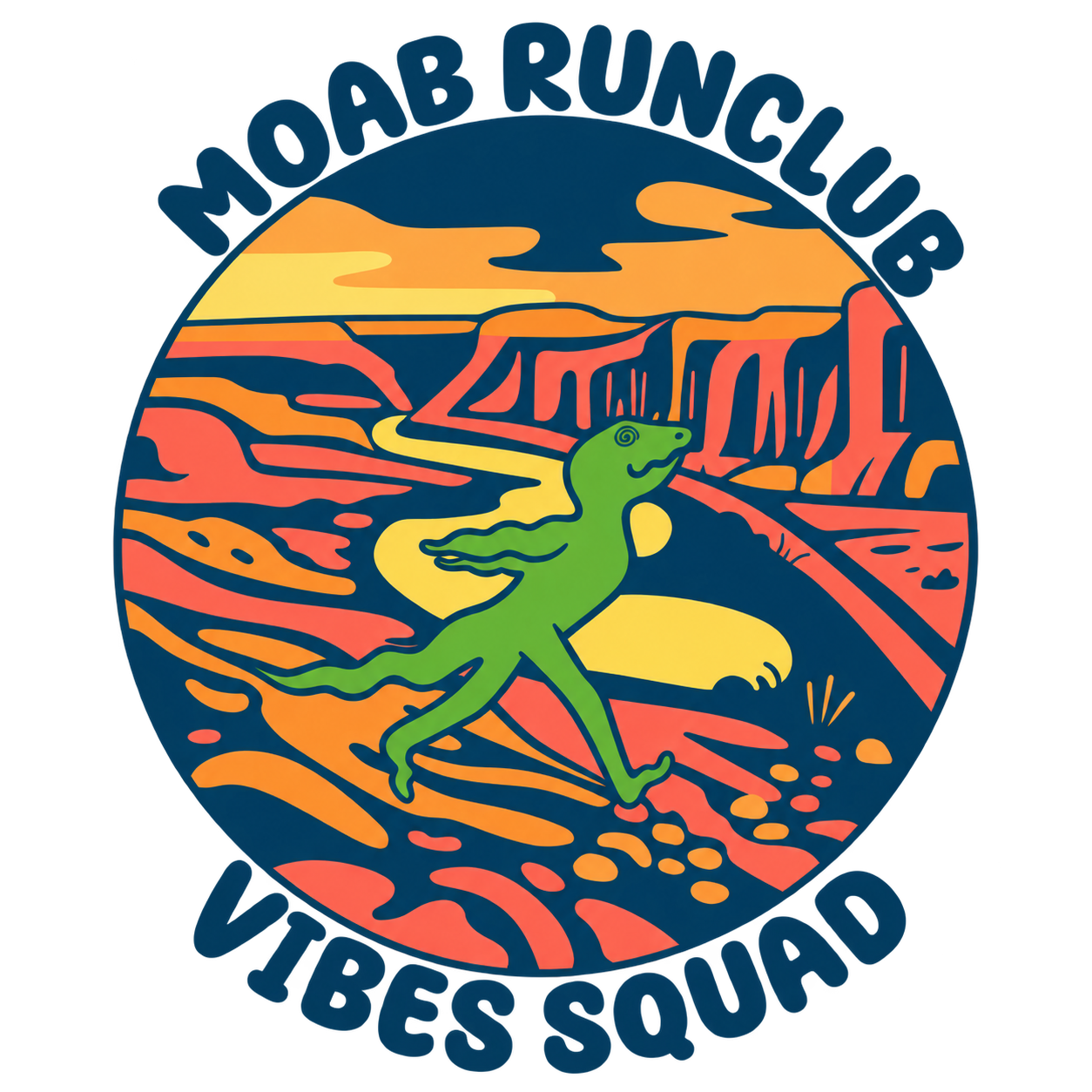 Moab Run Club Vibe Squad logo: a running green lizard in a colorful canyon