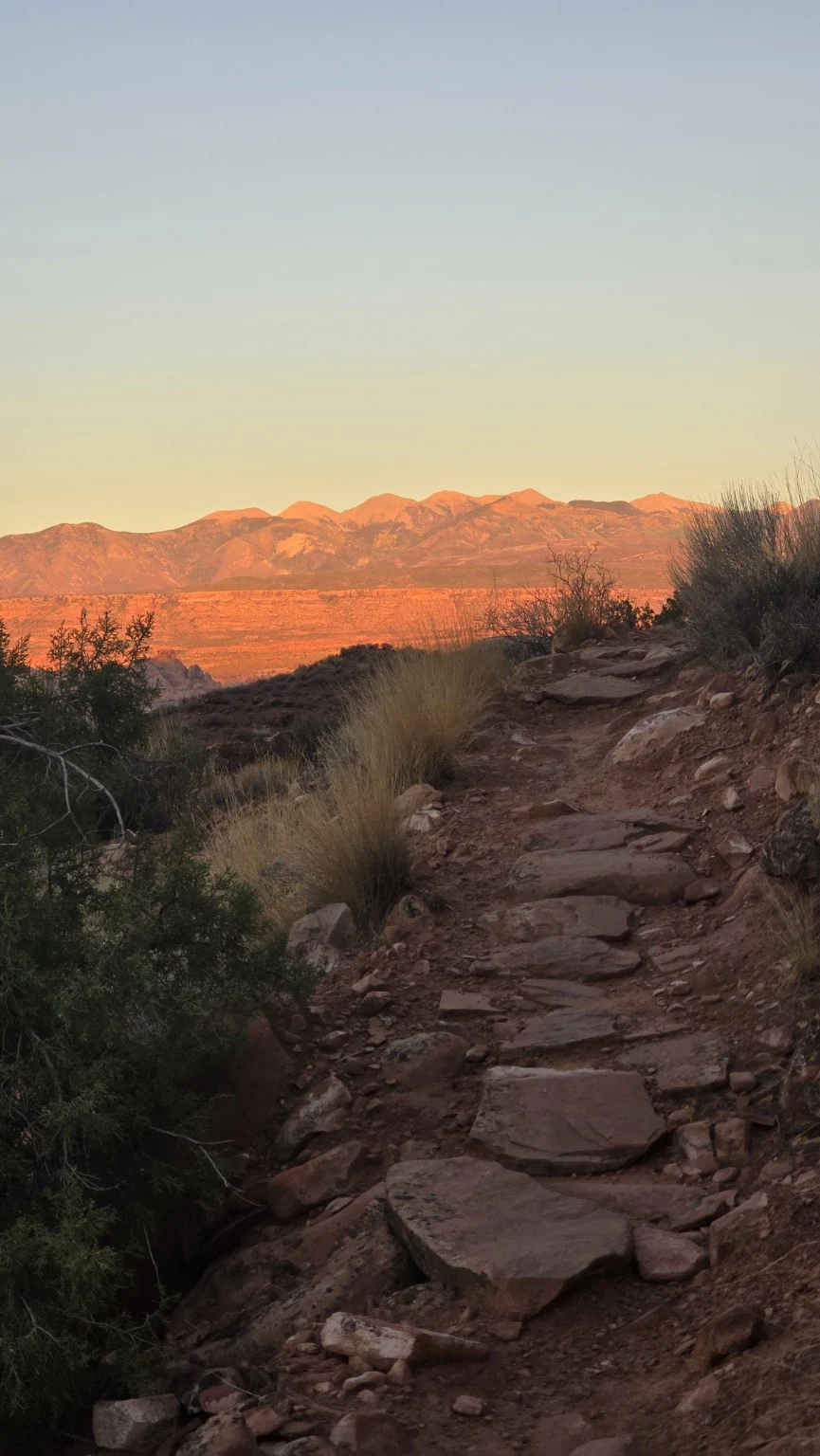 A rocky trail leading toward mountains in warm evening light